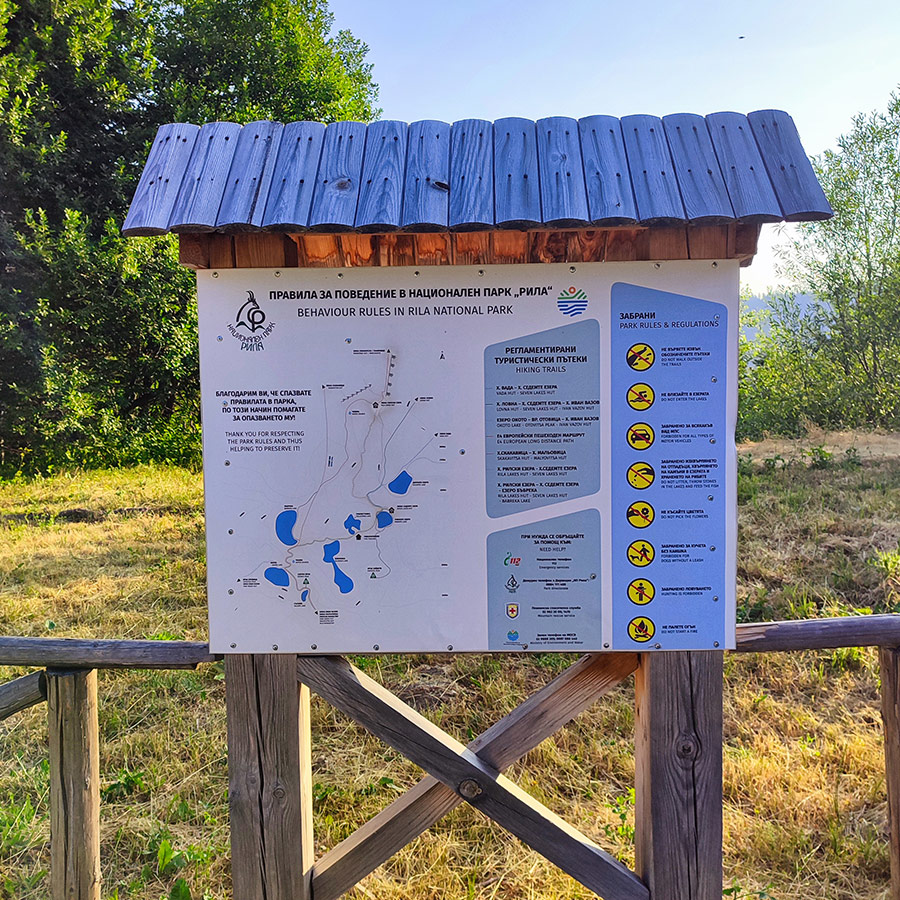 Hiking map and rules signboard at Rila National Park, Bulgaria.