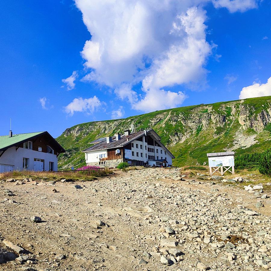 Rila Lakes Mountain Hut with alpine backdrop, Rila National Park.