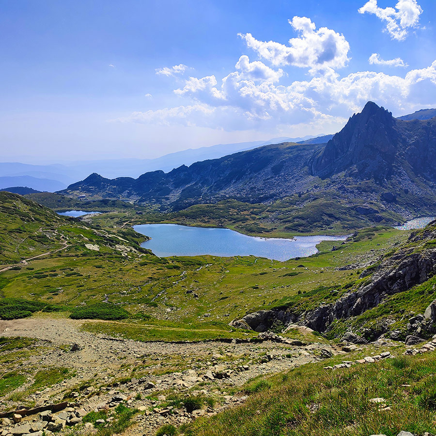 Overlooking the Seven Rila Lakes from a mountain trail in Bulgaria.