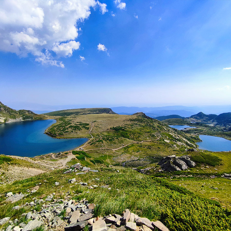 Panoramic view of the Seven Rila Lakes plateau from above, Bulgaria.
