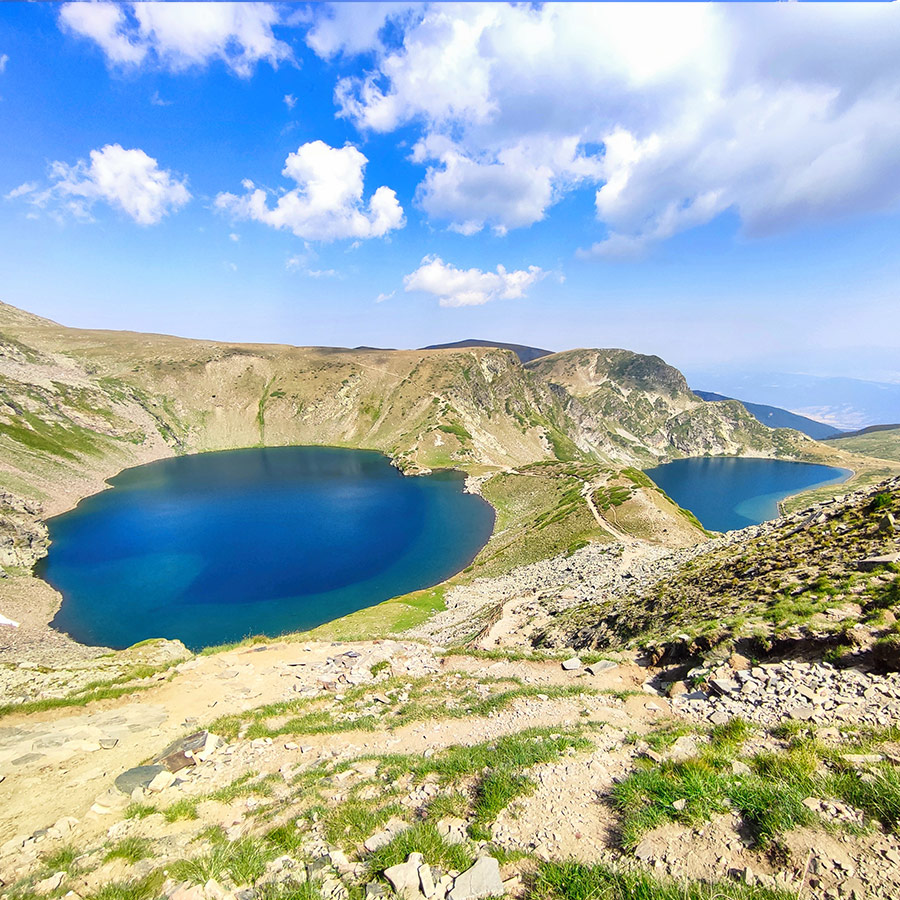 Two alpine lakes viewed from above in the Seven Rila Lakes, Bulgaria.