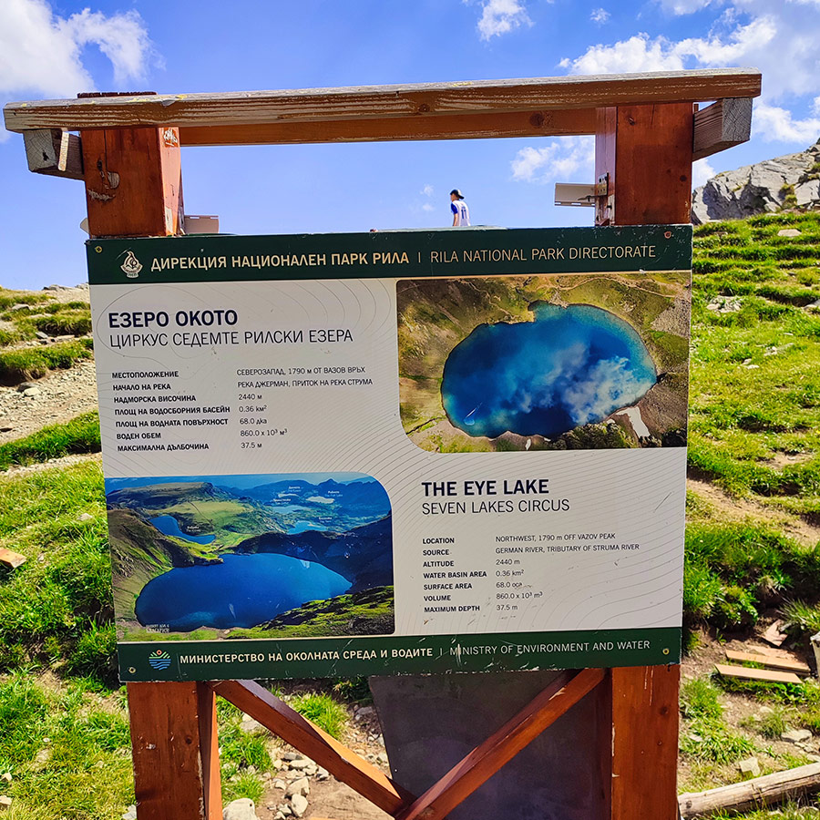 Information board about The Eye Lake, Seven Rila Lakes, Bulgaria.