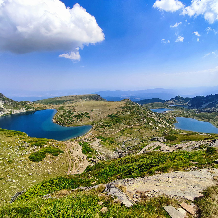 Overlooking several of the Seven Rila Lakes from a panoramic ridge viewpoint.