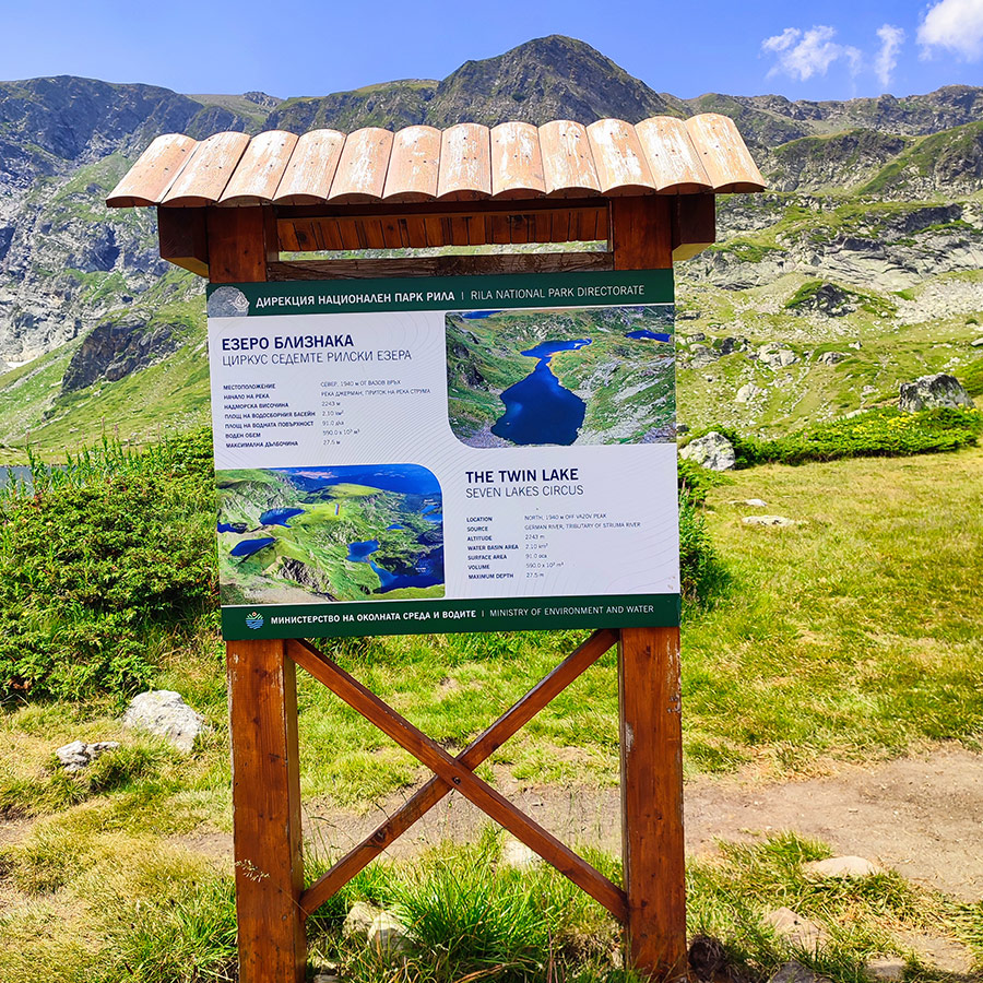 Information board about the Twin Lake, Seven Rila Lakes, Bulgaria.