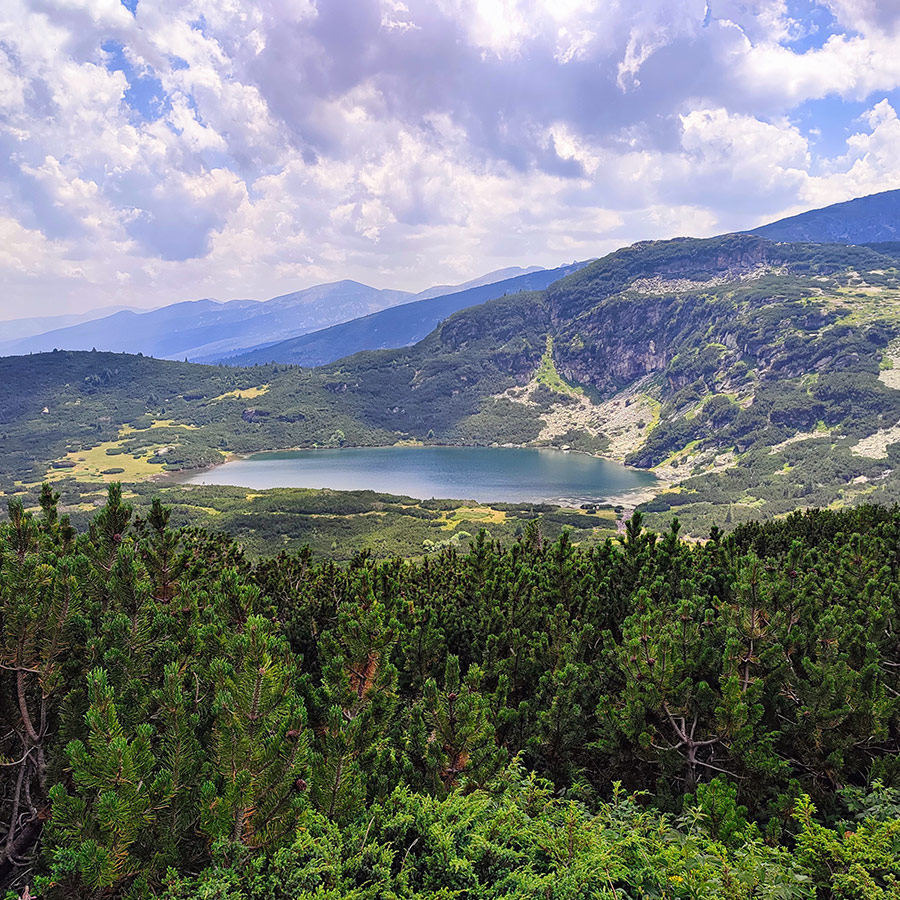 The Seven Rila Lakes seen from above, surrounded by alpine vegetation and mountain ridges.