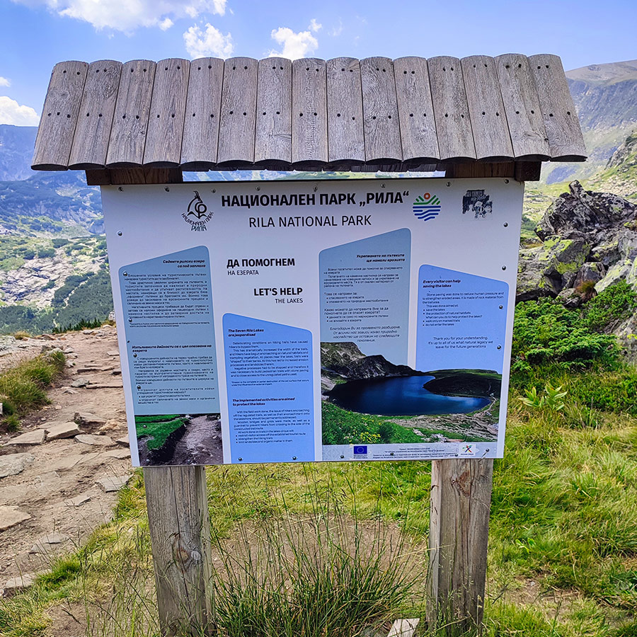 Informational sign about the Seven Rila Lakes inside Rila National Park, Bulgaria.