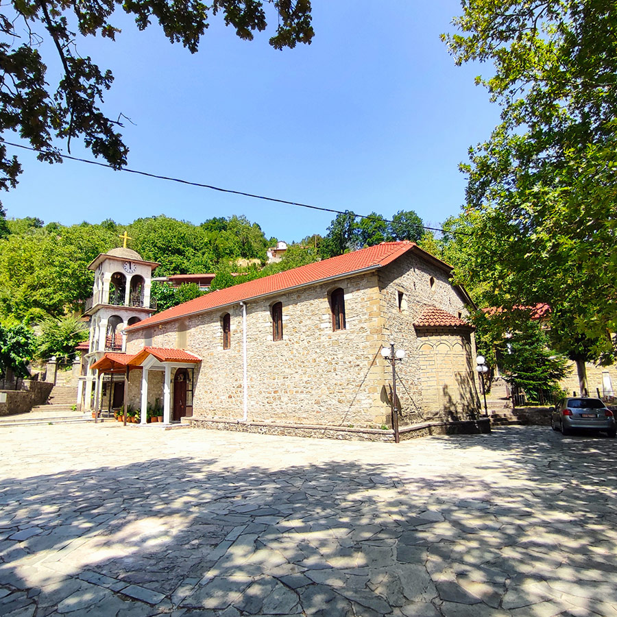 Stone-built church in Anthochori village, starting point for the hike to Anthochori Waterfall, Agrafa, Greece