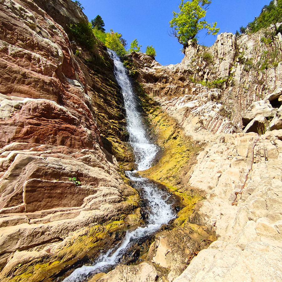 Upward view of Anthochori Waterfall in Agrafa, Karditsa, Greece
