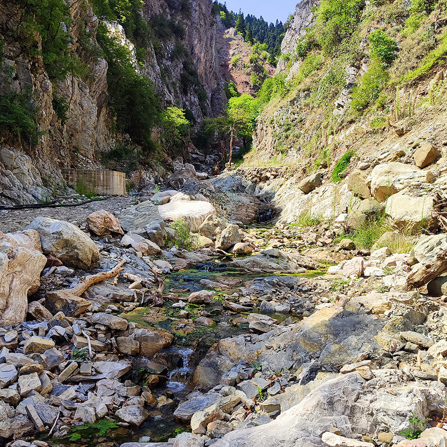 Stream and rocky gorge leading to Anthochori Waterfall, Agrafa, Greece