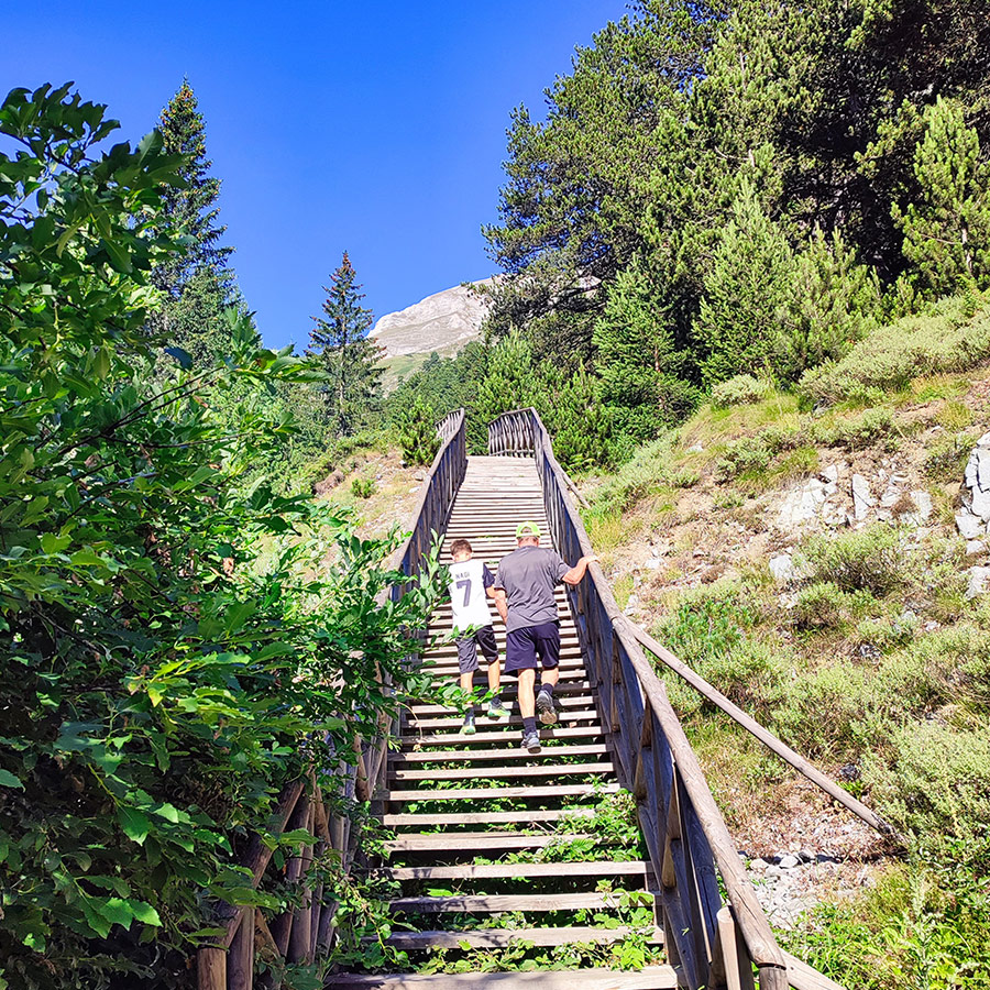 Hikers ascending wooden stairs on the trail to Baykusheva Mura in Pirin Mountains, Bulgaria.