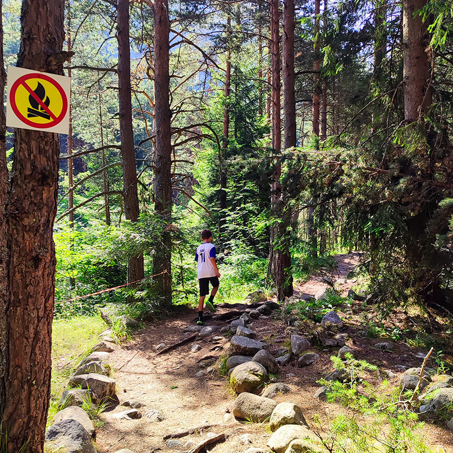 Hiker walking through forest trail with no campfire sign along Beli Iskar Eco Trail.