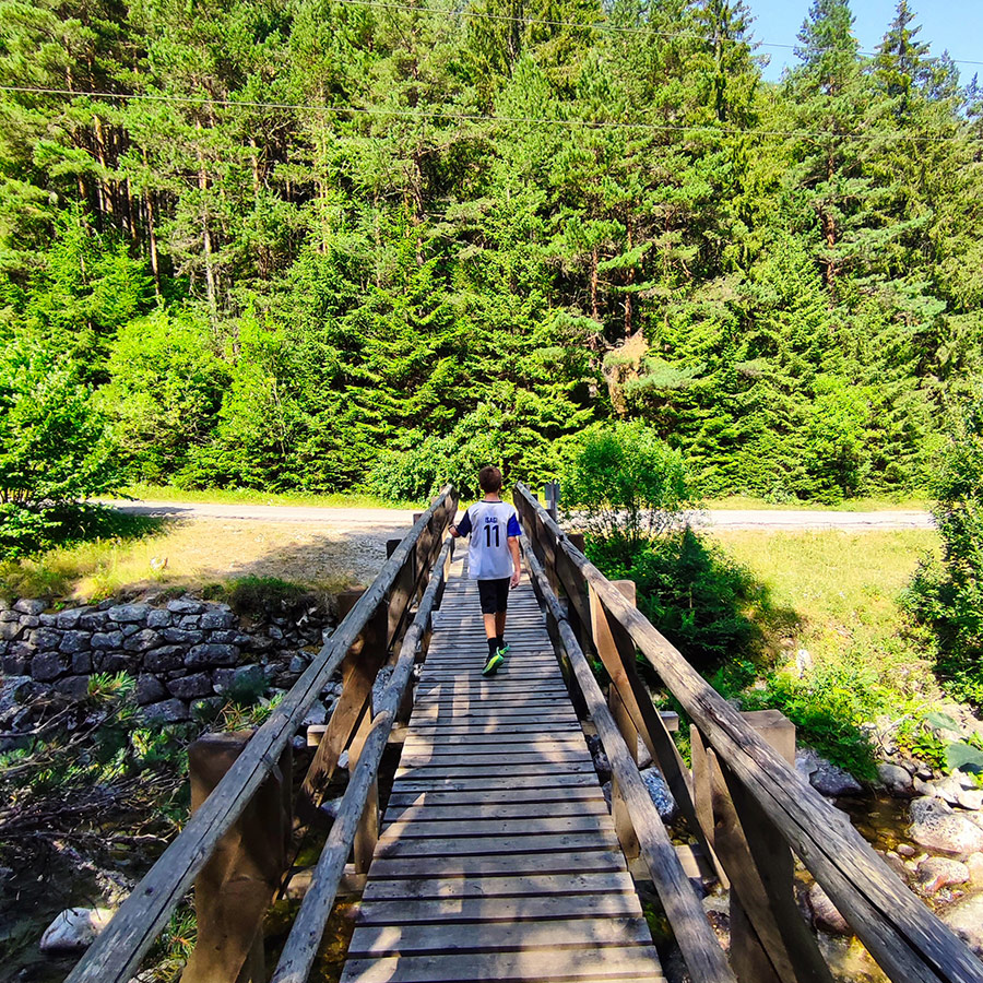 Wooden bridge crossing the Iskar River on the Beli Iskar Eco Trail