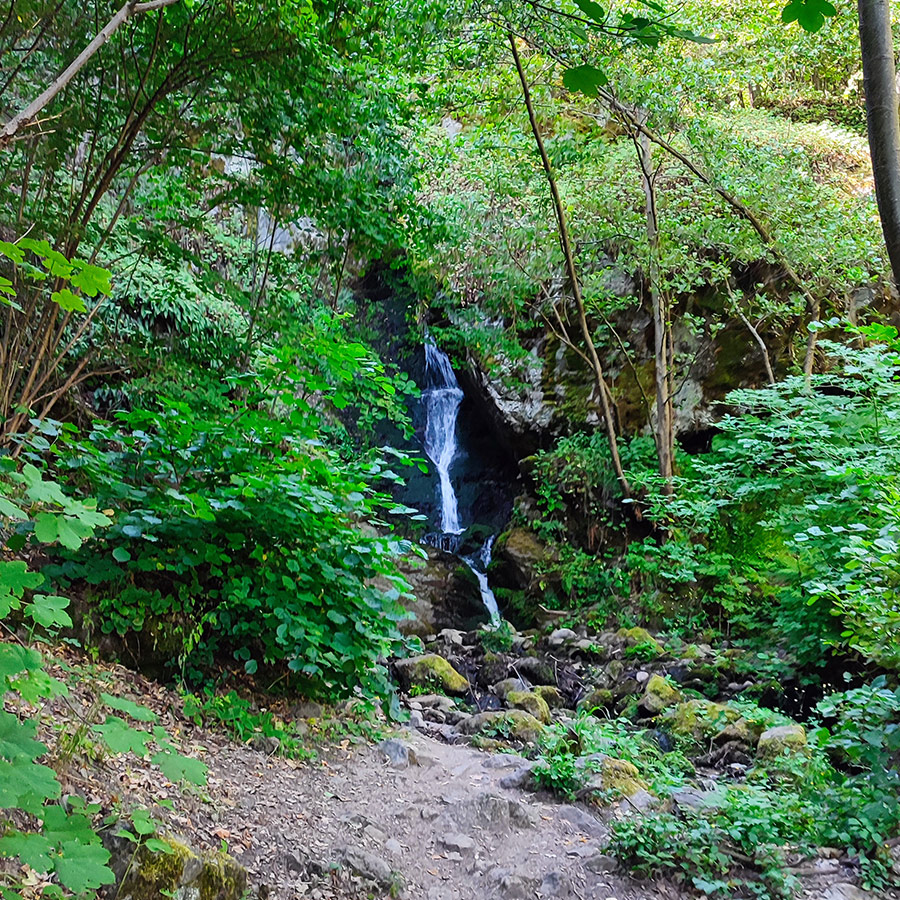 Saint Nicholas Waterfall partially visible through the forest near Bansko, Bulgaria.