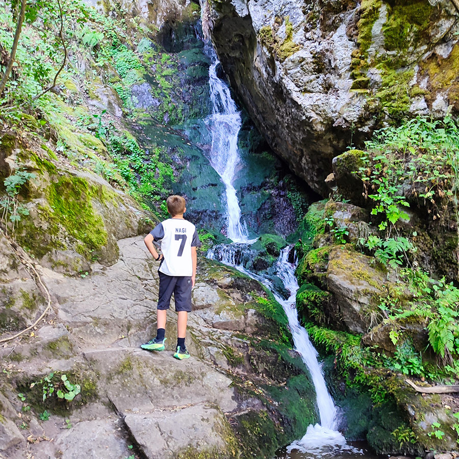 Saint Nicholas Waterfall visible through the forest near Bansko, Bulgaria.