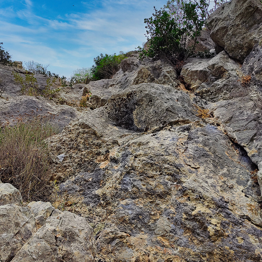 View of the lower limestone wall at Pleiades Crag, showing the start of Asterope multi-pitch route.