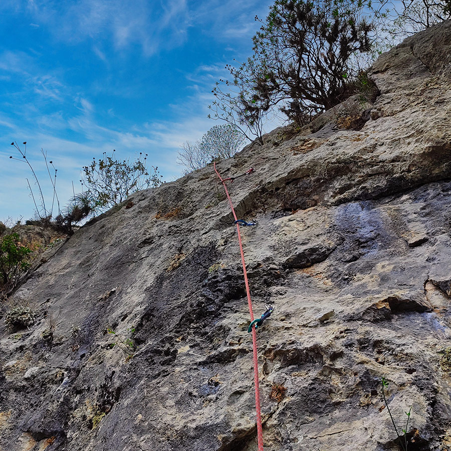 Climbing rope leading up bolted limestone of Asterope route, Ermioni.