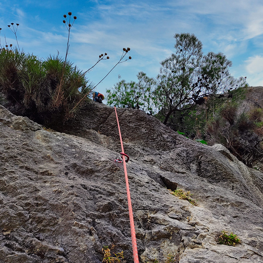 Rope stretching toward the leader during the upper pitches of Asterope route.