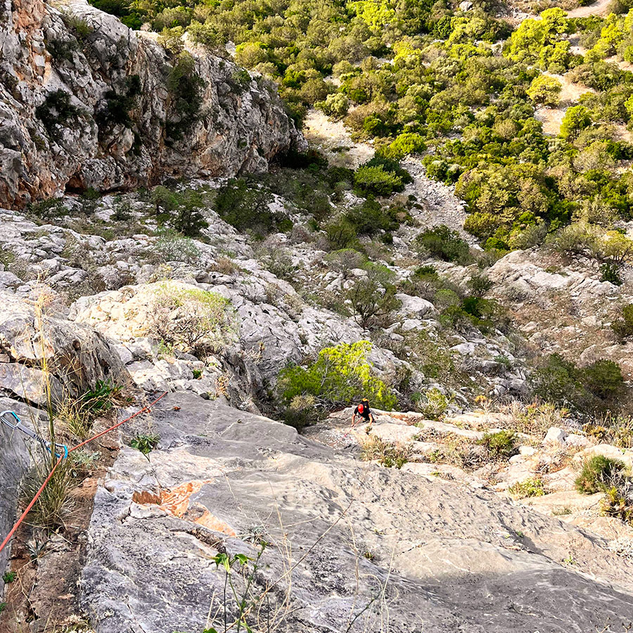 View down Katafyki Gorge from the upper pitches of Asterope multi-pitch climb.