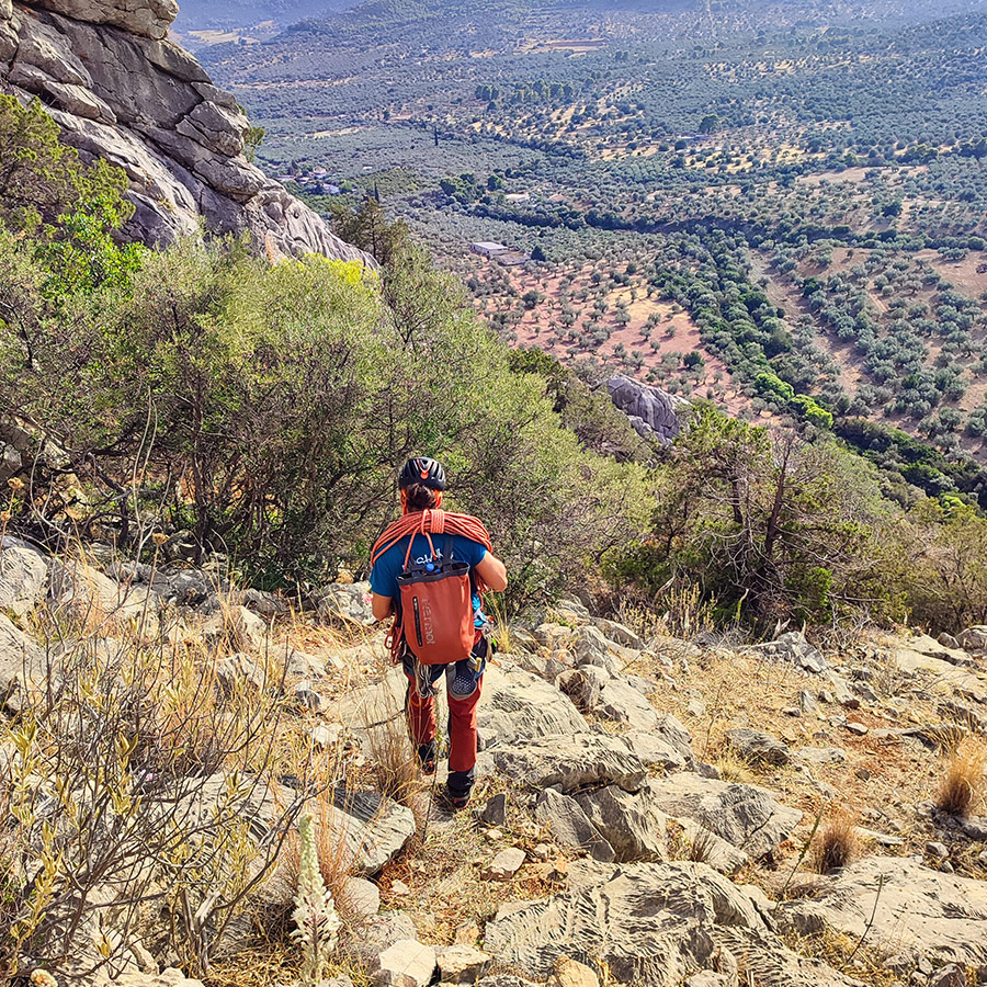 Climber on marked trail through rocky forest on descent from Pleiades Crag.