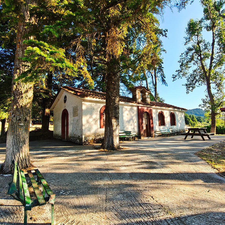 St. Anargyroi Chapel at Zaharaki (Tarzan), the starting point for the hike to Voulgara Peak in the Agrafa Mountains.
