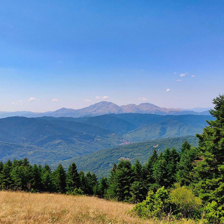 View from Voulgara Peak toward the surrounding mountain ridges of the Agrafa Mountains.